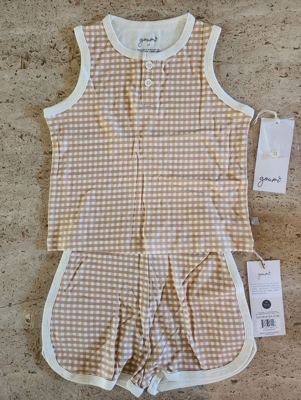 Goumi Kids Beige Gingham Tank & Shorts Set, 5T
